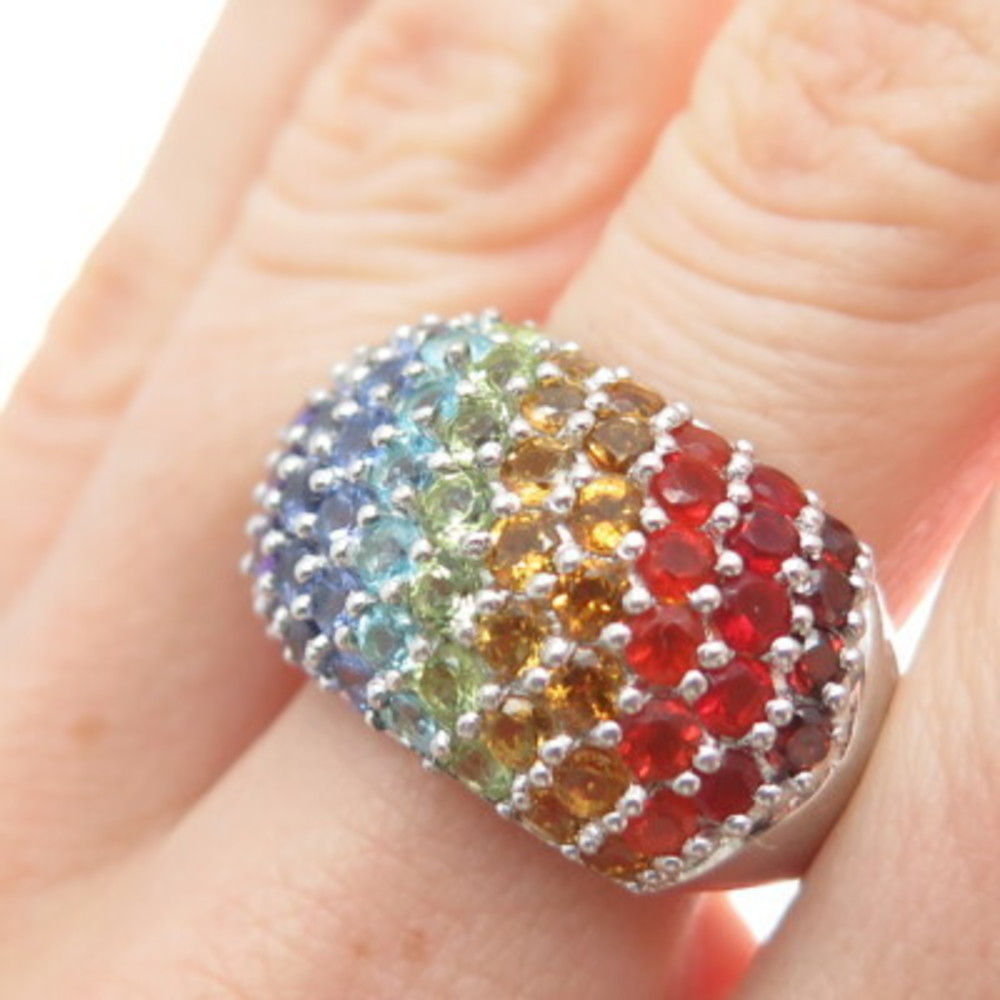 CHUCK CLEMENCY 925 Sterling Silver Real Round-Cut Multi-Color Gem Ring Size 8.25 - Picture 2 of 9